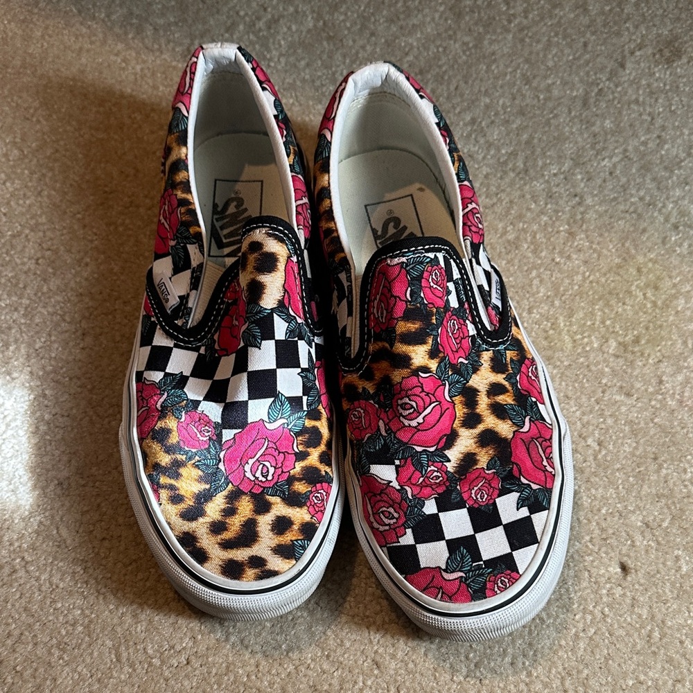 Vans Red Rose and Leopard Checkered Slip-Ons